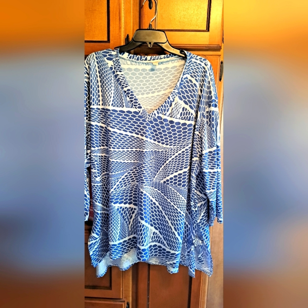 Ladies Sunny Leigh Blouse Top Blue/White Ties On Sides Bottom 2XL Beachy
